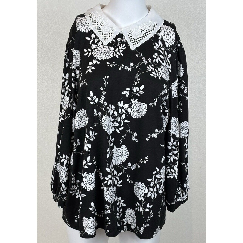 Faith‎ & Joy Black Floral Top Lace Peter Pan Collar Wednesday Addams XL Academia